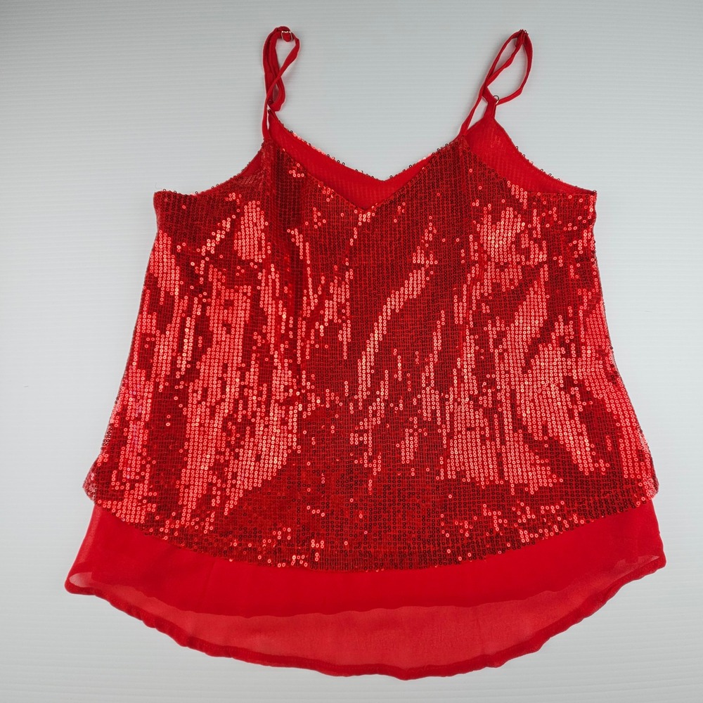 Red Sequin Camisole Top V-Neck Adjustable Straps Sparkly Holiday Clubwear Medium
